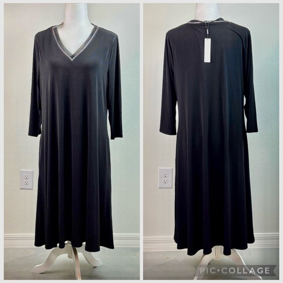 NWT Chico's Black Long Sleeve V-Neck with detail, A-Line midi Dress size 2/Large - Picture 10 of 13